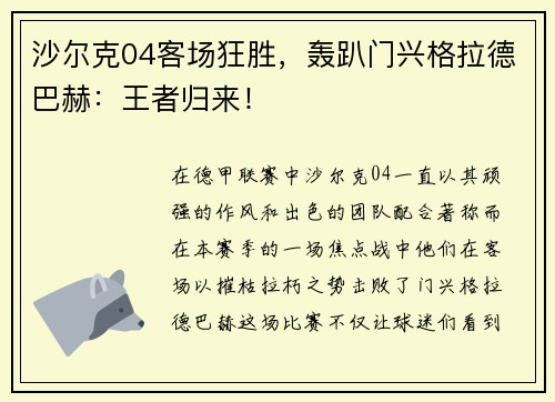 沙尔克04客场狂胜，轰趴门兴格拉德巴赫：王者归来！