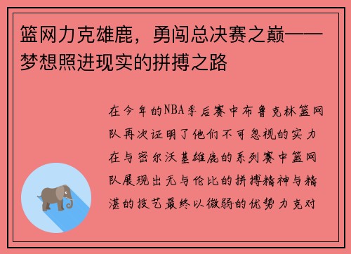 篮网力克雄鹿，勇闯总决赛之巅——梦想照进现实的拼搏之路